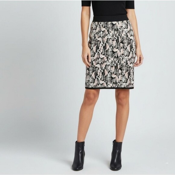 Cache Black & Taupe Snake Look Print Double Back Zip Knit Stretch Short Skirt - Picture 1 of 12